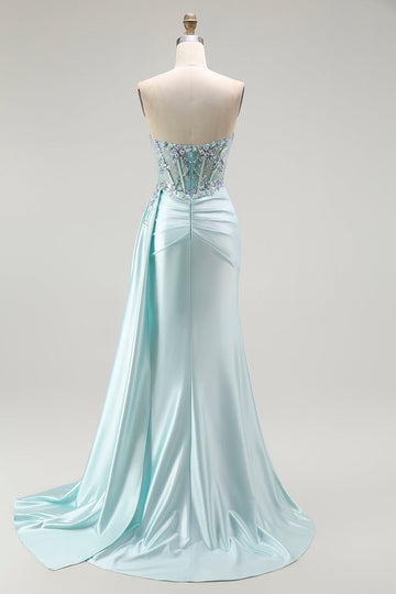 Vestido largo de fiesta con cuentas de corsé sin tirantes de sirena verde claro con serpentina